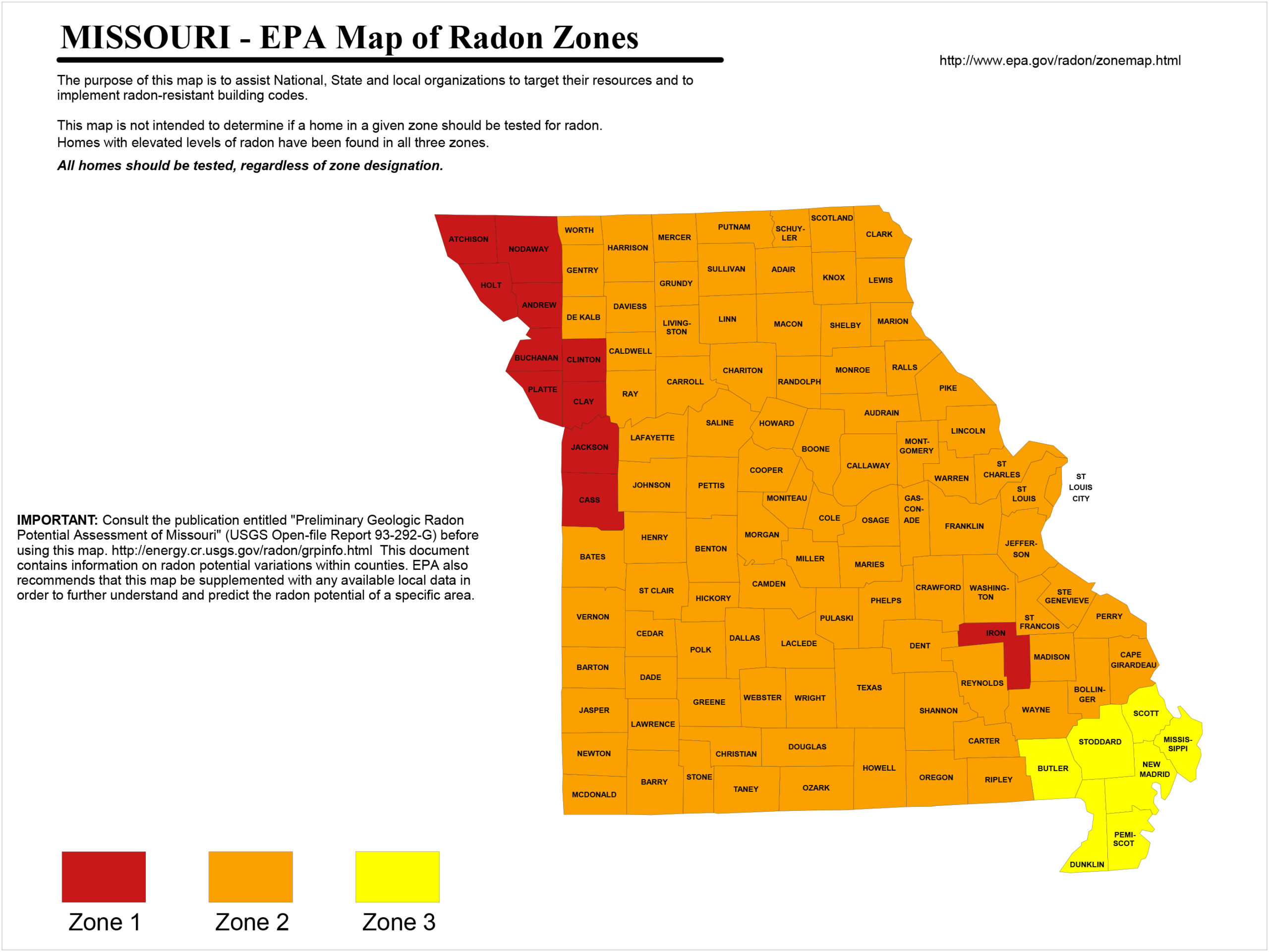 EPA Map of levels of radon in Missouri